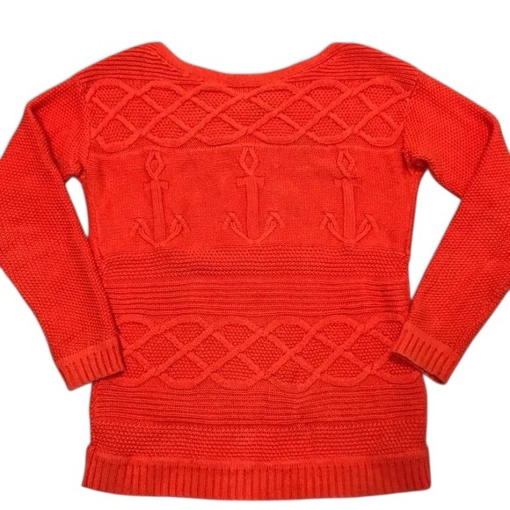 Talbots Petites Lightweight Knit Orange Nautical Anchor Sweater 100% Cotton Med